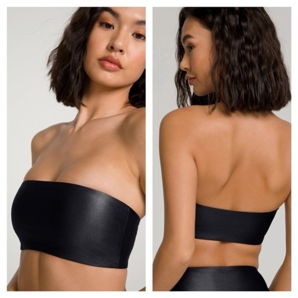 Good American Better Band High Black Shine Bandeau Bikini Top